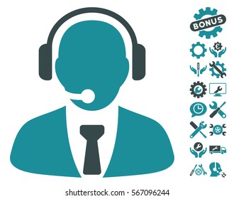 Support Manager pictograph with bonus tools pictograph collection. Vector illustration style is flat iconic soft blue symbols on white background.