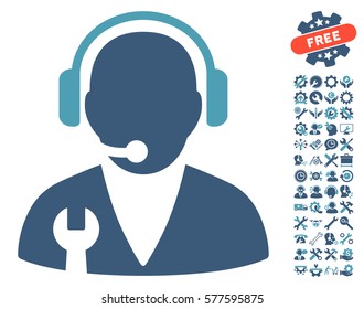 Support Manager pictograph with bonus tools icon set. Vector illustration style is flat iconic cyan and blue symbols on white background.