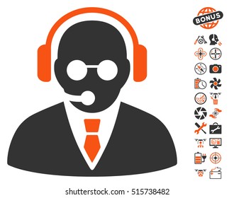 Support Manager pictograph with bonus uav service symbols. Vector illustration style is flat iconic symbols on white background.