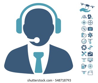 Support Manager pictograph with bonus uav service symbols. Vector illustration style is flat iconic cyan and blue symbols on white background.