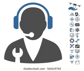 Support Manager pictograph with bonus uav service images. Vector illustration style is flat iconic cobalt and gray symbols on white background.