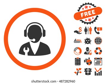 Support Manager pictograph with free bonus pictures. Vector illustration style is flat iconic bicolor symbols, orange and gray colors, white background.