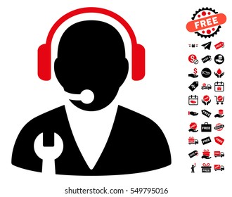 Support Manager pictograph with free bonus icon set. Vector illustration style is flat iconic symbols, intensive red and black colors, white background.