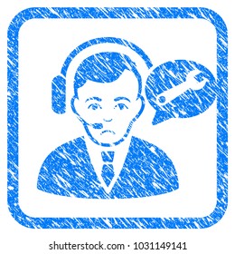 Support Manager rubber seal stamp imitation. Icon vector symbol with grunge design and dirty texture in rounded frame. Scratched blue stamp imitation on a white background.