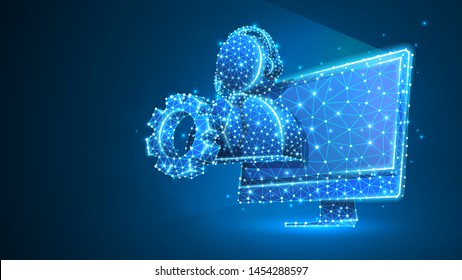 Support manager silhouette with a gear on computer monitor. Consultant, problem-solution engine concept. Abstract, digital, wireframe, low poly mesh, vector blue neon 3d illustration. Line dot