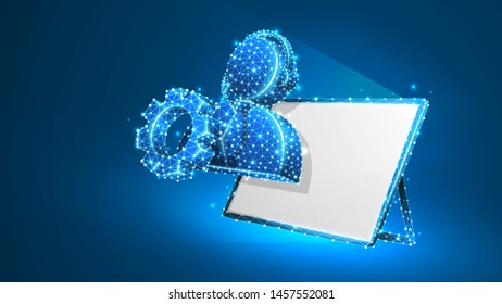 Support manager silhouette with a gear on white tablet screen. Consultant, problem-solution engine concept. Abstract, digital, wireframe, low poly mesh, vector blue neon 3d illustration. Line dot