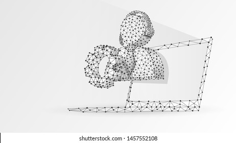 Support manager silhouette with a gear on notebook screen. Consultant, problem-solution engine concept. Abstract, digital, wireframe, low poly mesh, vector white origami 3d illustration. Line dot
