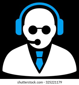 Support Manager vector icon. Style is bicolor flat symbol, blue and white colors, rounded angles, black background.