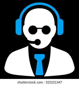 Support Manager vector icon. Style is bicolor flat symbol, blue and white colors, rounded angles, black background.