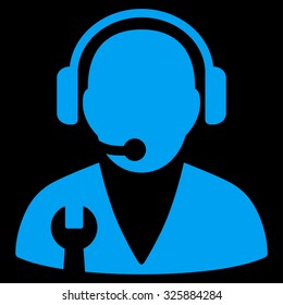 Support Manager vector icon. Style is flat symbol, blue color, rounded angles, black background.