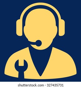 Support Manager vector icon. Style is flat symbol, yellow color, rounded angles, blue background.
