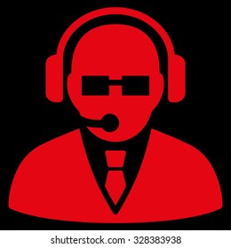 Support Manager vector icon. Style is flat symbol, red color, rounded angles, black background.