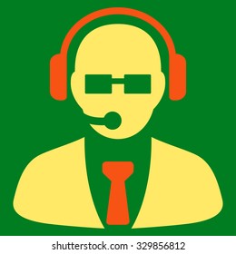 Support Manager vector icon. Style is bicolor flat symbol, orange and yellow colors, rounded angles, green background.