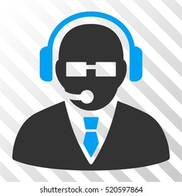Support Manager vector pictograph. Illustration style is flat iconic bicolor blue and gray symbol on a hatched transparent background.