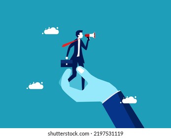 Support marketing and advertising. Businessman holding a megaphone standing on a supporting hand. vector