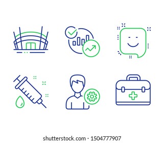 Support, Medical syringe and Smile line icons set. Statistics, Arena stadium and First aid signs. Edit profile, Vaccination, Positive feedback. Report charts. Business set. Vector
