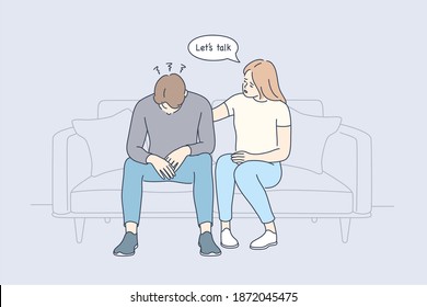 Support, mental depression, suicide prevention day concept. Young caring woman cartoon character sitting on sofa, touching shoulder of depressed man and trying to help or support him illustration 