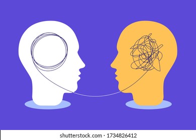 Support mental health medical treatment concept. Two humans head silhouettes. Psychological counseling. Therapist and patient. Psychotherapy session. Modern flat vector illustration for social media