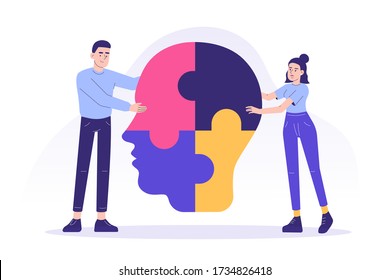 Support mental health medical treatment concept. Young psychologist people connecting colorful jigsaw puzzle pieces of a big head together. Modern isolated vector illustration for social media post