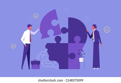Support mental health medical treatment concept, psychologist people connecting jigsaw puzzle pieces of a big head together