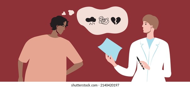 Support with mental problem or with PTSD. Flat vector stock illustration. Psychotherapist and victim. Help with personality disorder, anxiety, fear. Aftermath of hostilities
