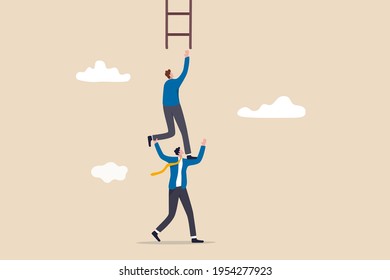 Support or mentor to achieve business success, teamwork collaboration or partnership help to reach target concept, businessman coworker support his colleague reaching to climb ladder of success.