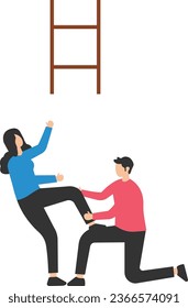 Support or mentor to achieve business success, Teamwork collaboration or partnership, Help to reach target, Co-worker support his colleague, Reaching to climb ladder of success

