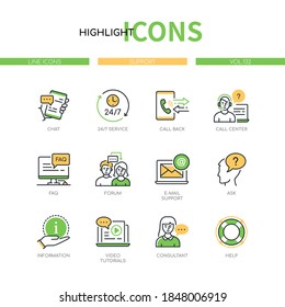 Support - modern line design style icons set. Customer service concept. Chat online, call center operator, faq, forum, email management, information, video tutorials, consultant, round the clock work