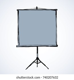 Support with new render roll-up isolated on grey backdrop. Freehand outline black ink hand drawn object sketchy in artistic scribble modern style pen on paper. Front closeup view with space for text