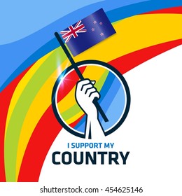 I Support New Zealand. Hand holding the Country flag - abstract background Man Holding Flag in Rio Olympics 2016