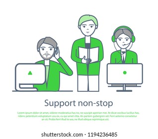 Support non stop poster male and female at computer poster. Helpline operators of call center receive calls vector. Company representatives answer questions