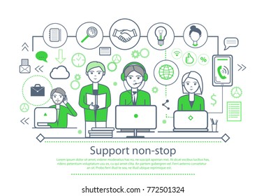 Support non-stop placard with text sample and people working on laptops, icons of briefcase and gears, phone and electric bulb vector illustration