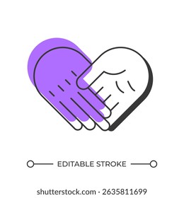 Support offset shadow line icon. Business negotiation, agreement handshake. Mental help, empathy. Bold outline symbol with solid purple fill. Modern flat illustration. Editable stroke