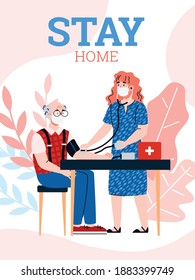 Support old people poster. Concept stay home for elderly during pandemic. Female volunteer, social worker or nurse in mask measures pressure of elderly man. Healthcare for seniors.