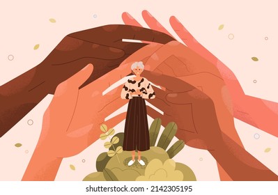 Support for old person concept. Charitable help for people of senior age. Care and assistance for elderly woman. Social aid, defense and protection for older retired female. Flat vector illustration