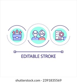 Support older employee in workplace loop concept icon. Chance to get job for mature candidates abstract idea thin line illustration. Isolated outline drawing. Editable stroke