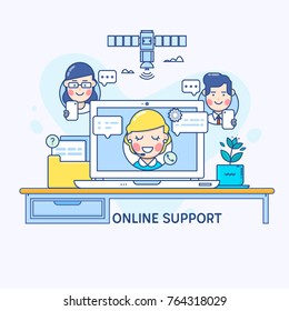 Support and online consultant manager on the screen of laptop.Flat line design vector illustration