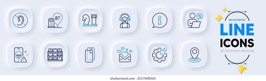 Support, Online discounts and Storage line icons for web app. Pack of Location, No hearing, Cyber attack pictogram icons. Seo gear, Diesel station, Smartphone glass signs. Info, Chess. Vector