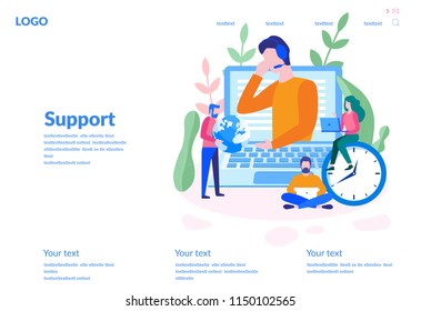 Support, Online global tech support 24/7. Concept for web page, banner, presentation, social media, documents, cards, posters. Vector illustration, male helpline operator, consulting