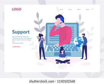 Support, Online global tech support 24/7. Concept for web page, banner, presentation, social media, documents, cards, posters. Vector illustration, male helpline operator, consulting