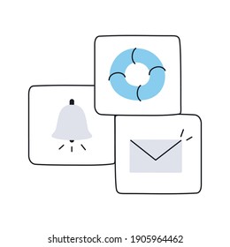 Support, online help, problem-solving, notifications, and alerts icon set on white isolated background. Thin line vector illustration s on white.