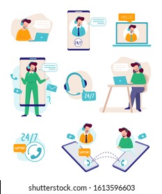 Support online. Virtual assistant person talking with technical agents helpful manager business support call center vector