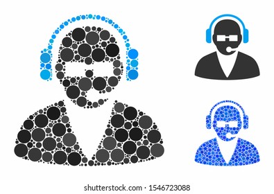 Support operator composition of round dots in variable sizes and color tones, based on support operator icon. Vector dots are organized into blue composition.