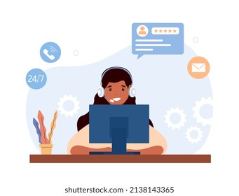 Support operator concept. Character in front of monitor, girl in call center. Assistant, customer liaison and feedback. Person in headphones with microphone. Cartoon flat vector illustration