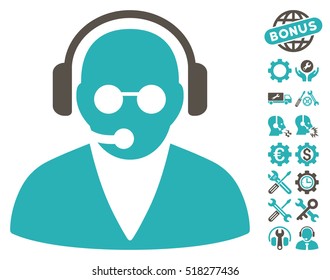 Support Operator icon with bonus configuration clip art. Vector illustration style is flat iconic grey and cyan symbols on white background.