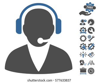 Support Operator icon with bonus configuration pictograph collection. Vector illustration style is flat iconic cobalt and gray symbols on white background.
