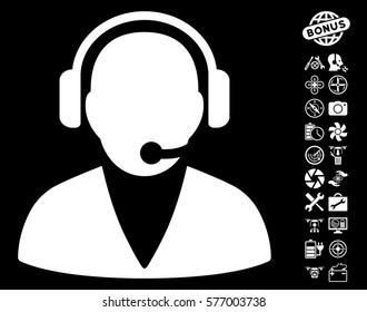 Support Operator icon with bonus drone service clip art. Vector illustration style is flat iconic white symbols on black background.
