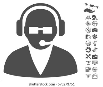 Support Operator icon with bonus flying drone service clip art. Vector illustration style is flat iconic symbols on white background.