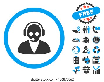 Support Operator icon with bonus images. Vector illustration style is flat iconic bicolor symbols, blue and gray colors, white background.