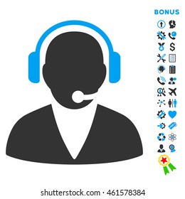 Support Operator icon with bonus pictograms. Vector style is bicolor flat iconic symbol with rounded angles, blue and gray colors, white background.